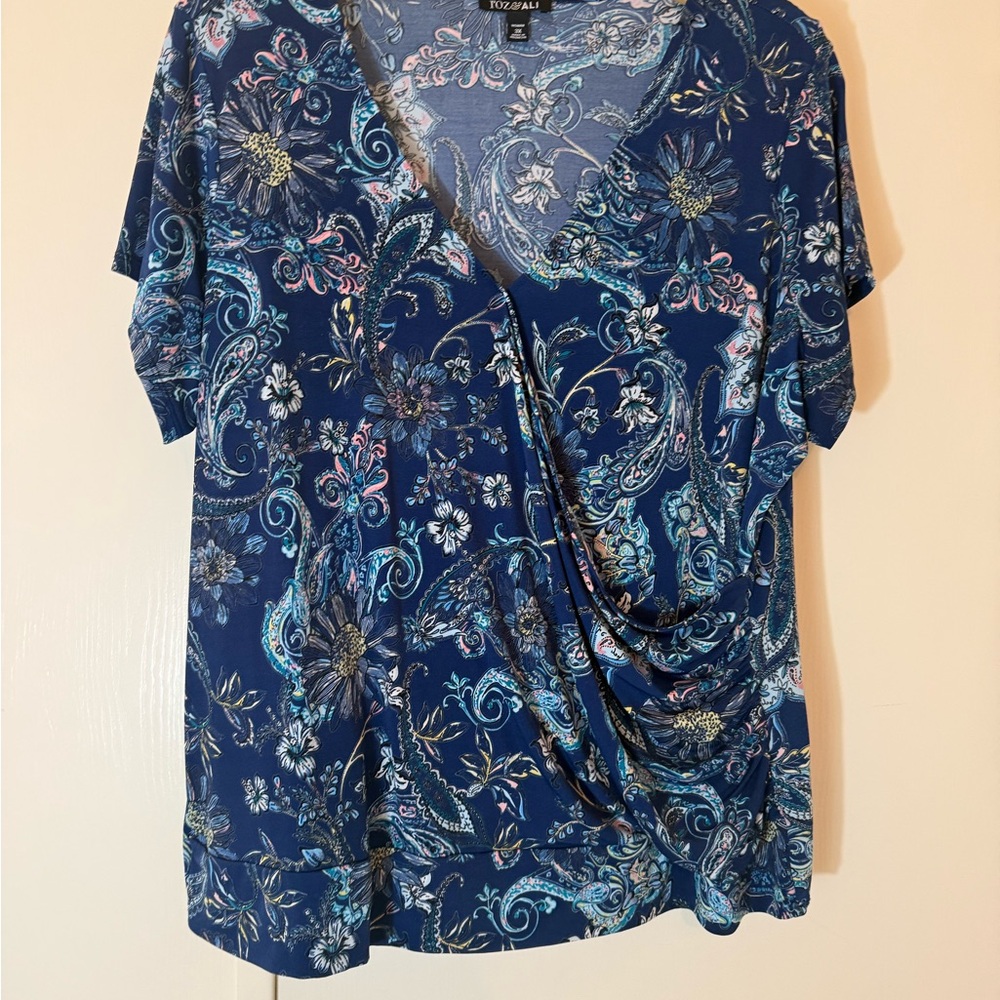Roz & Ali Blue Floral Paisley Blouse